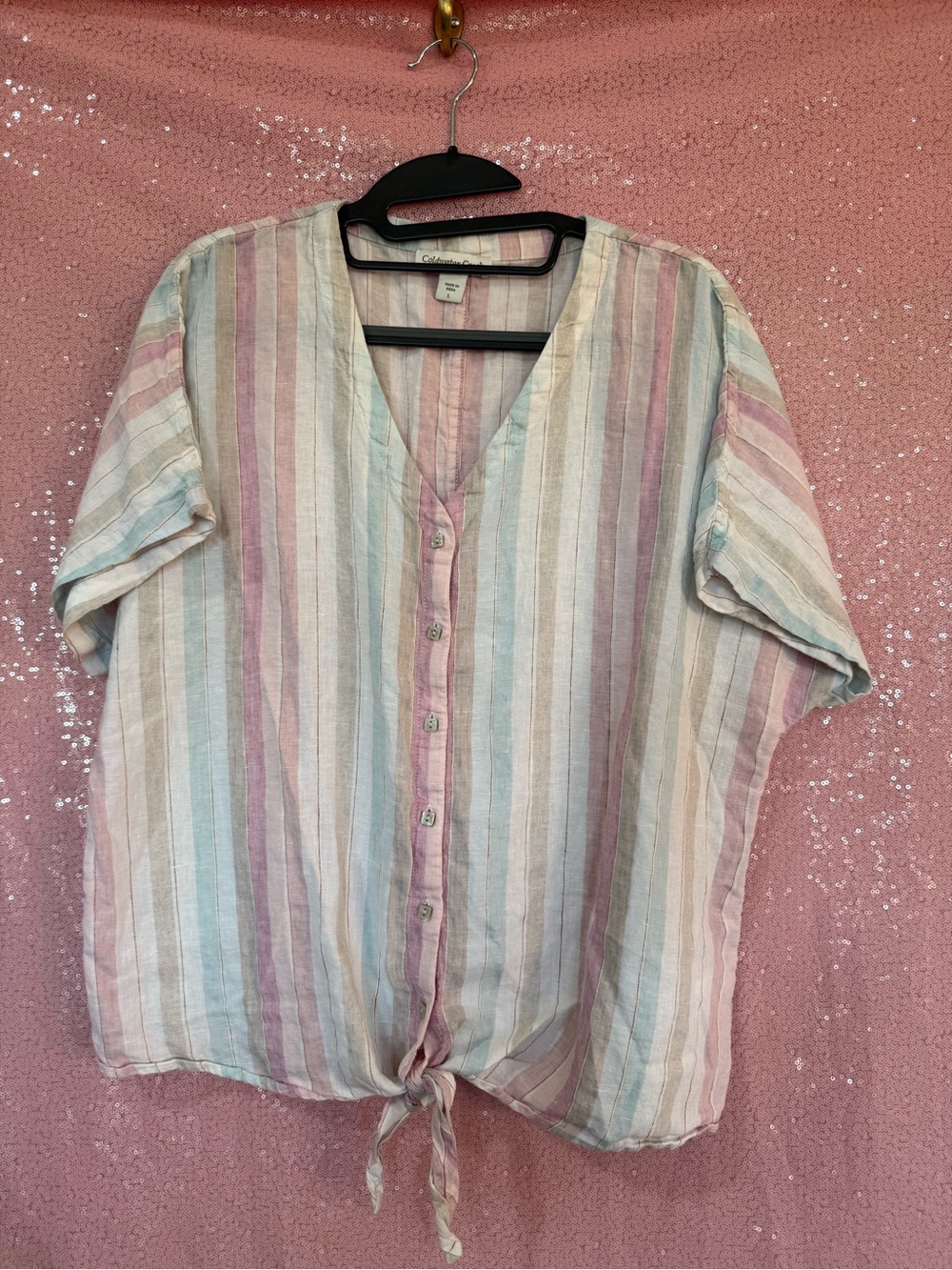 Coldwater Creek Pastel Striped Button-Front Tie-Hem Top I7
